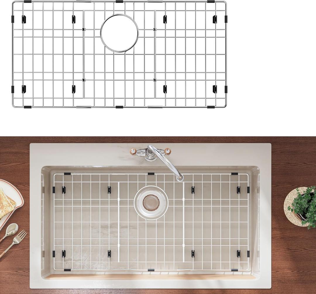 Stainless Steel Sink Protector 28-3/8" x 14-3/16" with Rear Drain, Metal Sink Rack for Bottom of Sink, Kitchen Sink Grate and Sink Protectors  (28-3/8" x 14-3/16" - Rear Drain)