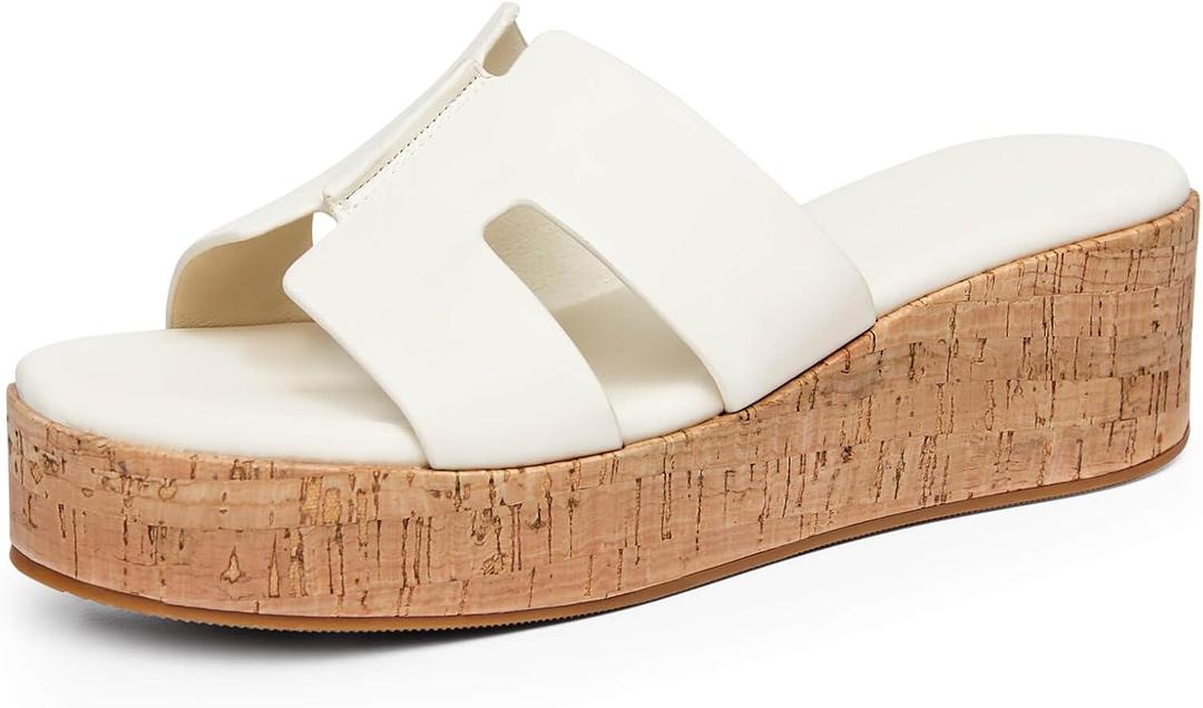 Coutgo Women's Platform Wedge Sandals Open Toe Slip On Slides Cork Heeled Cutout Comfortable Summer Shoes (7.5, Beige)
