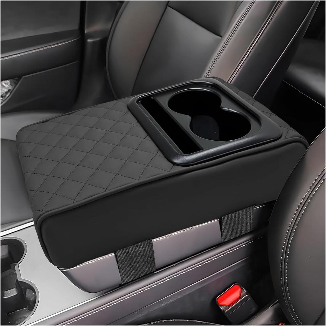 Car Center Console Armrest Pillow, Leather Auto Arm Rest Cover Protector with Cup Holder and Phone Holder, Memory Foam Armrest Cushion for Most Vehicles (Black, Diamond Pattern)