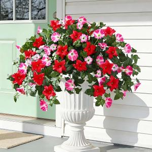 Artificial Flowers for Outdoors, 2PCS Mixed Red Pink Artificial Petunias UV Resistant Fake Flowers, Realistic Outdoor Faux Silk Flowers Plants for Outside Garden Porch Patio Spring Summer Decor