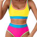 Herseas Women's Bikini Sets Floral Print Whip Stitch 2 Piece Swimsuits High Waisted Scoop Bathing Suits (Pink, M)