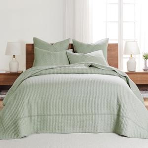 Levtex Home Cross Stitch Reversible Queen Bedspread Set (104x106in) with 2 Pillow Shams (26x20in) - Stitch Texture - Desert Sage - Cotton Queen Size Bedspread Set - Lightweight, Soft, Pre-Washed (Sege Green)