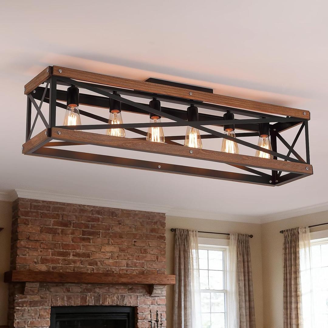 6-Light Large Rustic Farmhouse Wood Flush Mount Ceiling Light Fixture 39.4 inch Oak Wood and Metal Rectangular Track Semi Flush Mount Ceiling Light for Kitchen Living Room Bedroom Indoor, Black