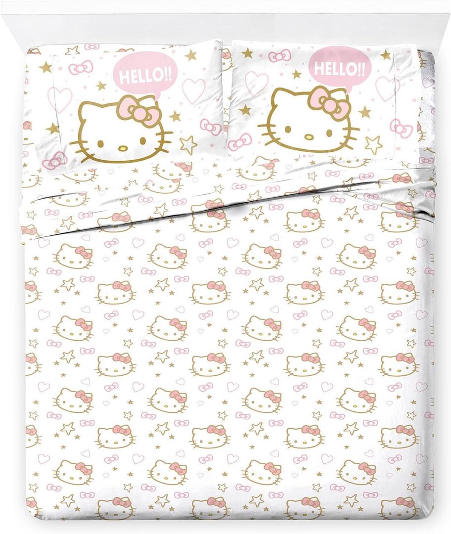 Jay Franco Sheet Set with Fitted, Flat Sheets & Pillow Cover - Ultra-Soft Bedding with Pillowcase for Room Decor, Pink - Hello Kitty, 4 Piece Full