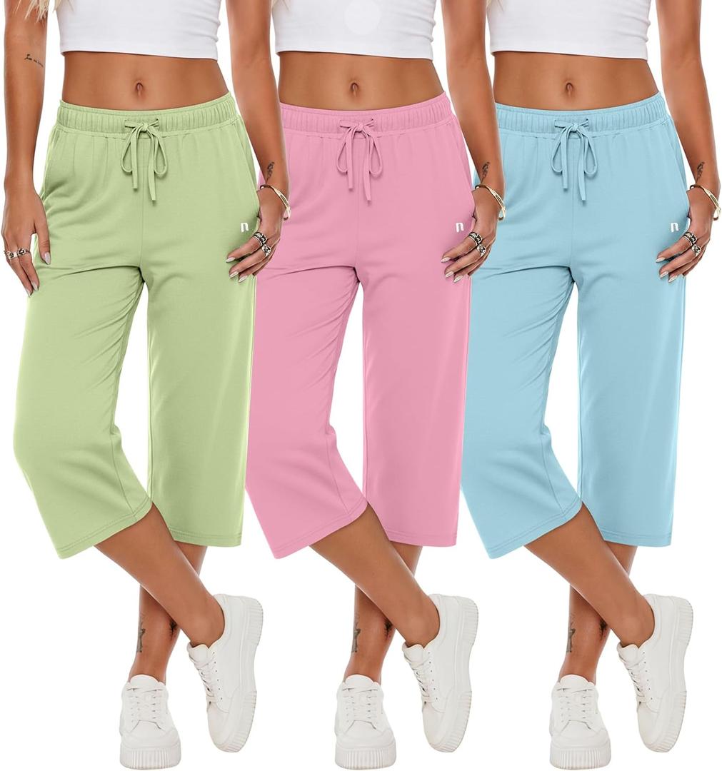 Neer 3 Pack Women's Capri Pants, Wide Leg Basic Sweatpants Lounge Loose Fit Casual Drawstring Yoga Capris with Pockets (XX-Large, Baby Blue, Light Pink, Fruit Green)