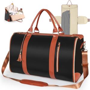 Geestock Garment Bag for Travel, Convertible Carry On Garment Duffle Bags for Women with Shoe Pouch & Detachable Shoulder Strap, Large PU Leather, 2 in 1 Hanging Suitcase Dress Suit Travel Bag, Black (Black and Brown)