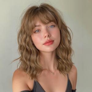 Short Brown Wavy Wig with Bangs for women Light Brown Curly wig Shouder Length Bob Curly Wavy Wig Ombre Brown Wig with Dark Roots Synthetic Natural Wavy Heat Resistant Fiber Hair for Daily Use 14 Inch