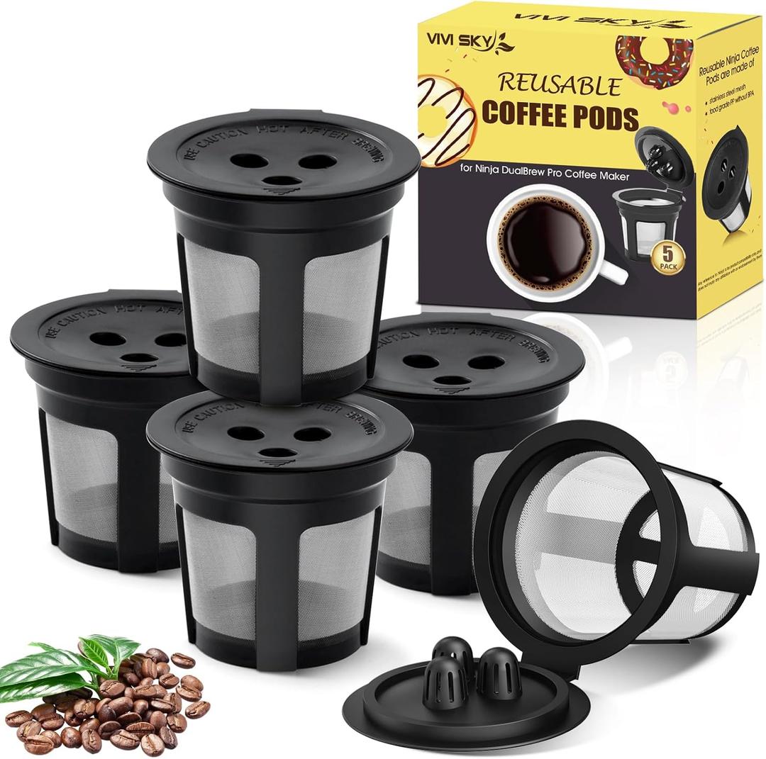 5 Pack Ninja Reusable Coffee Pods: Reusable K Cups for Ninja Coffee Maker - Refillable Coffee Filters for 3-Needle Ninja DualBrew Pro CFP200 CFP201 CFP300 CFP301 CFP305 CFP400Only for 3-Hole Version)