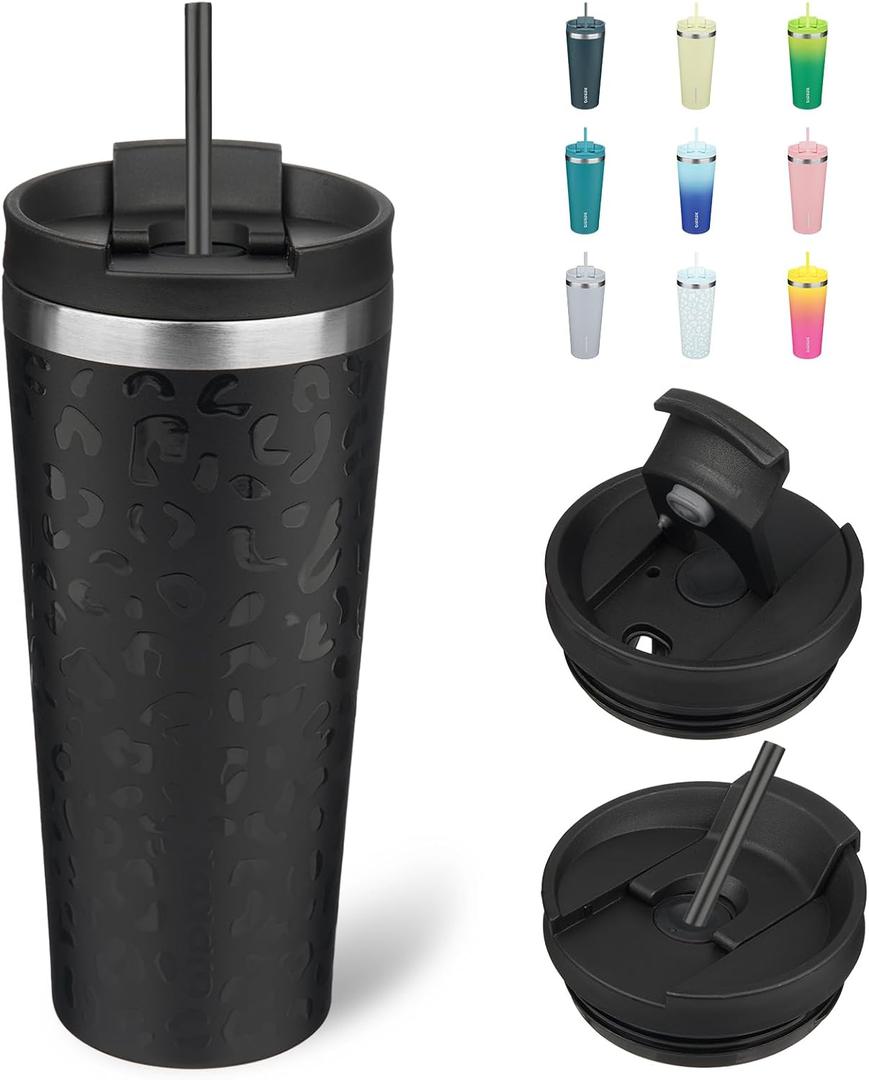 BJPKPK 22oz Insulated Tumbler With lid And Straw Stainless Steel Tumblers Travel Coffee Mug Reusable Thermal Cup, Black Leopard