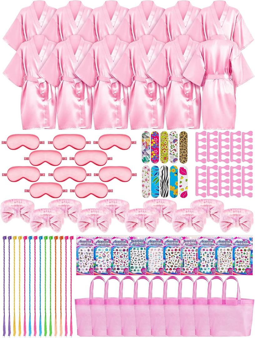 Xuhal 92 Pcs Spa Party Supplies Slumber Party Spa Pretend Play Set with Satin Robes, Headbands and Eye Masks, Sleepover Kit with Gift Bags, Total 10 Sets(Pink,14)