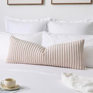 Kevin Textile Soft Plush 14x36 Inch Long Lumbar Pillow Cover 1 Pack, Luxury Fluffy Faux Fur Striped Flannel Rectangle Body Cushion Case for Couch Sofa Chair Bed Home Decor, Beige