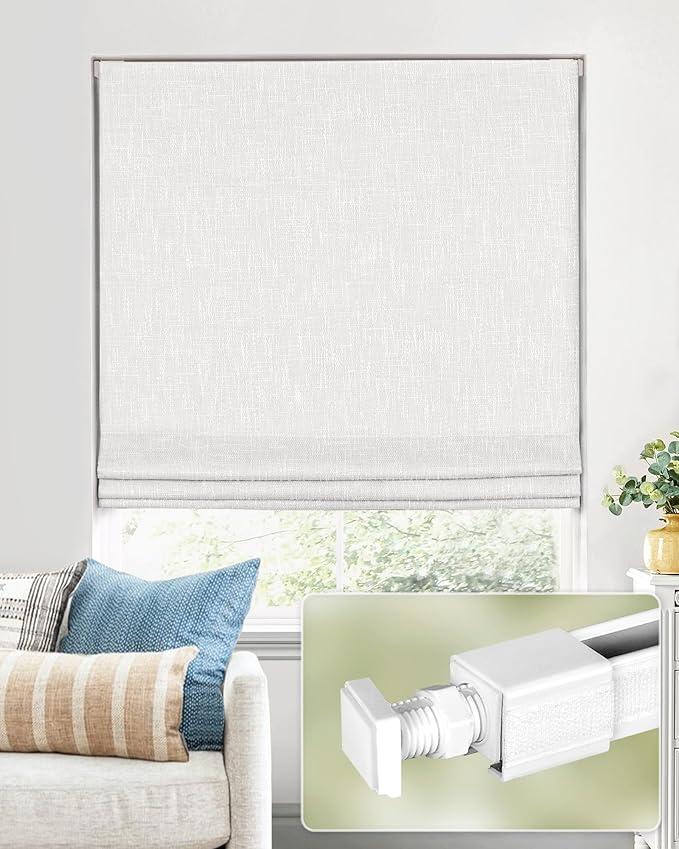 No Tools No Drill Cordless Roman Shades for Indoor Windows 100% Blackout, for Window Size 27" W × 64" H White