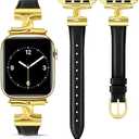 Slim Leather Bands Women Compatible with Apple Watch 38mm 40mm 41mm 42mm 44mm 45mm 46mm 49mm Designer Dressy Fashion Strap Double C-Shape Metal Crown for iWatch Series 10 9 8 7 6 5 4 3 2 1