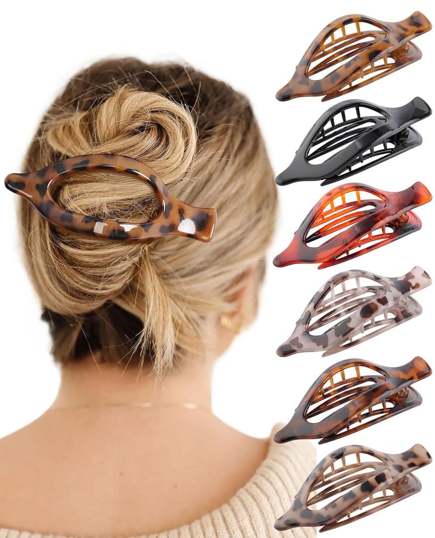 French Concord Hair Clips Claw - 6Pcs Side Slid Flat Hair Clips for Volume Strong Hold No Slip Grip Hair Claw Clips for Women Girls Thick Thin Hair (Leopard pattern)