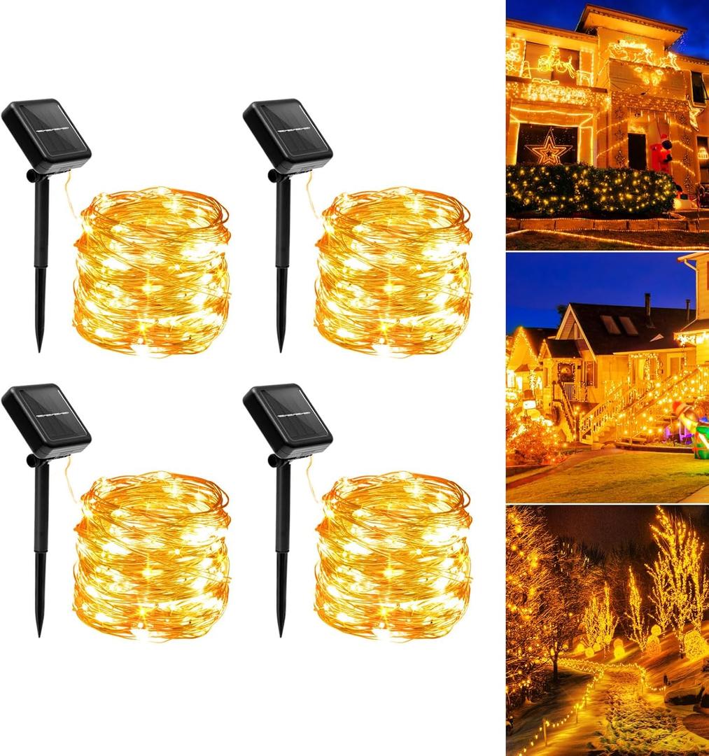 Solar Fairy Lights Outdoor Waterproof, 4 Pack 224Ft 600LED Solar Powered String Lights, 8 Modes Copper Wire Twinkle Lights for Outside Party Yard Camping Easter Christmas Decor(Warm White)