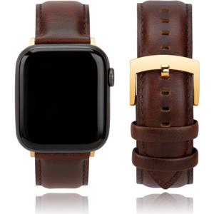 Leather Watch Bands Compatible with Apple Watch 49mm/46mm/45mm/44mm/42mm, Elegant Top Grain Leather Replacement Straps for iWatch Series 3/2/1 (Coffee Brown Leather (Gold Hardware))