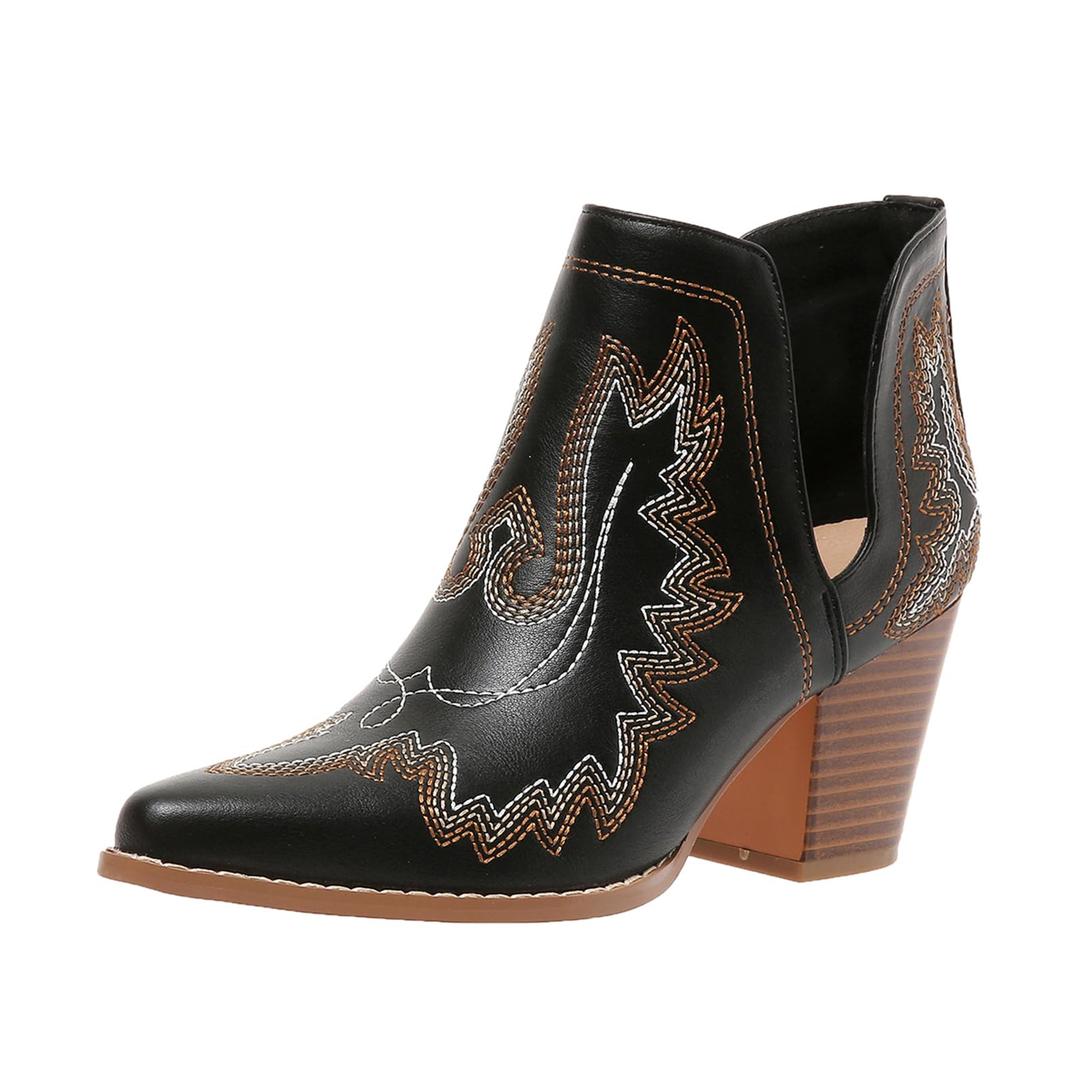 SelRoys Cowboy Boots for Women Cowgirl Ankle Western Embroidered Stitched Pointed Toe Cutout Chunky Heels Short Booties Red Brown Black, US 9