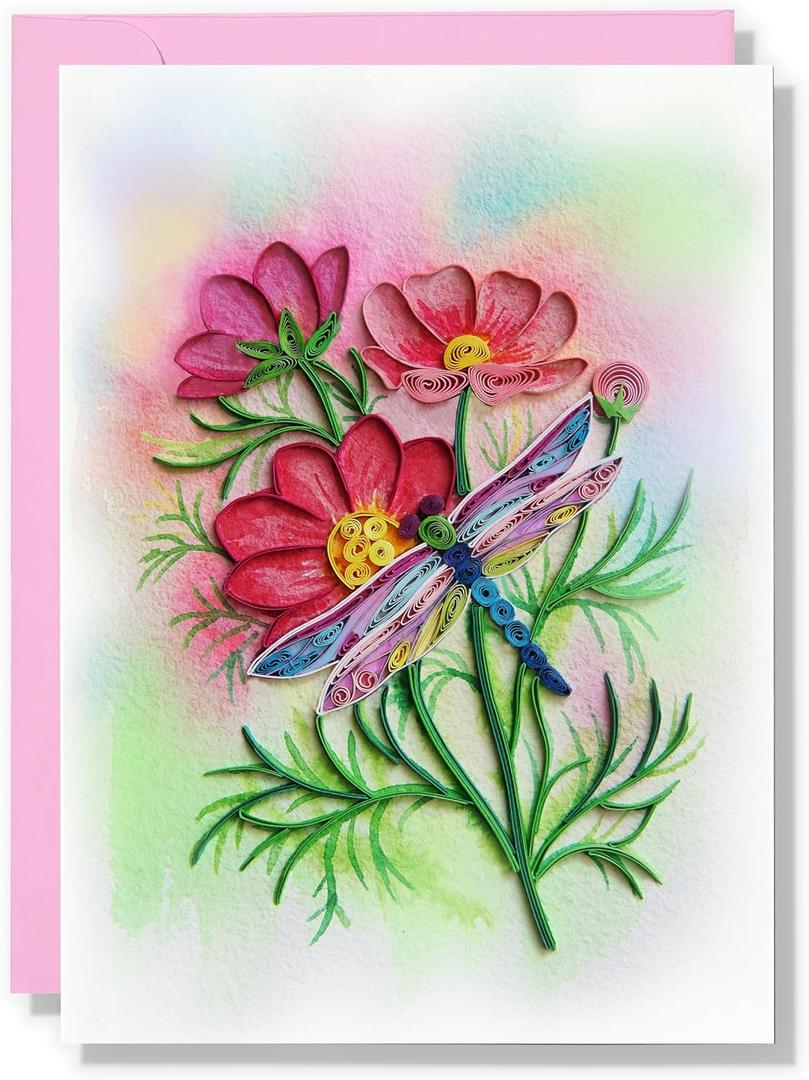 Mother's Day Card, Cosmos and Dragonfly Greeting Card, Animals Quilled Quilling Birth Month Born in October Birthday, Mothers Day Card for Mom Grandma Friend (Cosmos and Dragonfly)