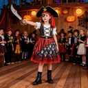 Kids Pirate Costume Girls Deluxe Buccaneer Dress Set for Halloween Party Dress Up, 5-7yrs