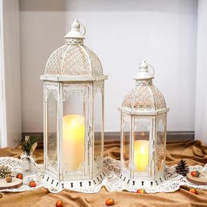 JHY DESIGN Set of 2 Decorative Candle Lanterns 22"&17" H Outdoor Vintage Metal Candle Holder for Garden Living Room Indoor Parties Weddings Patio Home Decor(White with Gold Brush)
