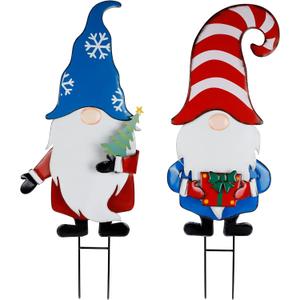 Hausse 2 Pack Garden Metal Gnome Stakes, 33 Inch Christmas Decorative Gnomes Stakes, Yard Signs for Outdoor Decorations, Holiday New Year Spring Home Tomte Decor for Lawn Pathway Patio