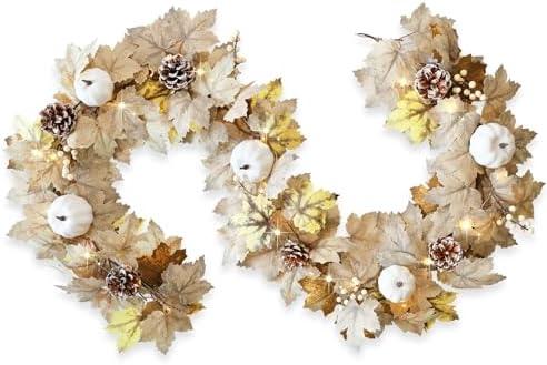 Fall Garland with Lights, 6Ft Fall Maple Leaf Pumpkins Berry Pine Cone Garland Fall Decorations for Home Thanksgiving Autumn Harvest Mantel Porch Table Door Outdoor Decor, White