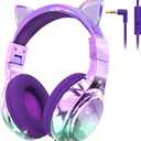 QearFun Kids Cat Ear Headphones Wired with Mic, 85/94dB Safe Volume Limit, Sparkly Wired Headset, Foldable, Sharing Port & Tangle-Free Cord for School, Chromebook, Tablet, Travel, Boys & Girls