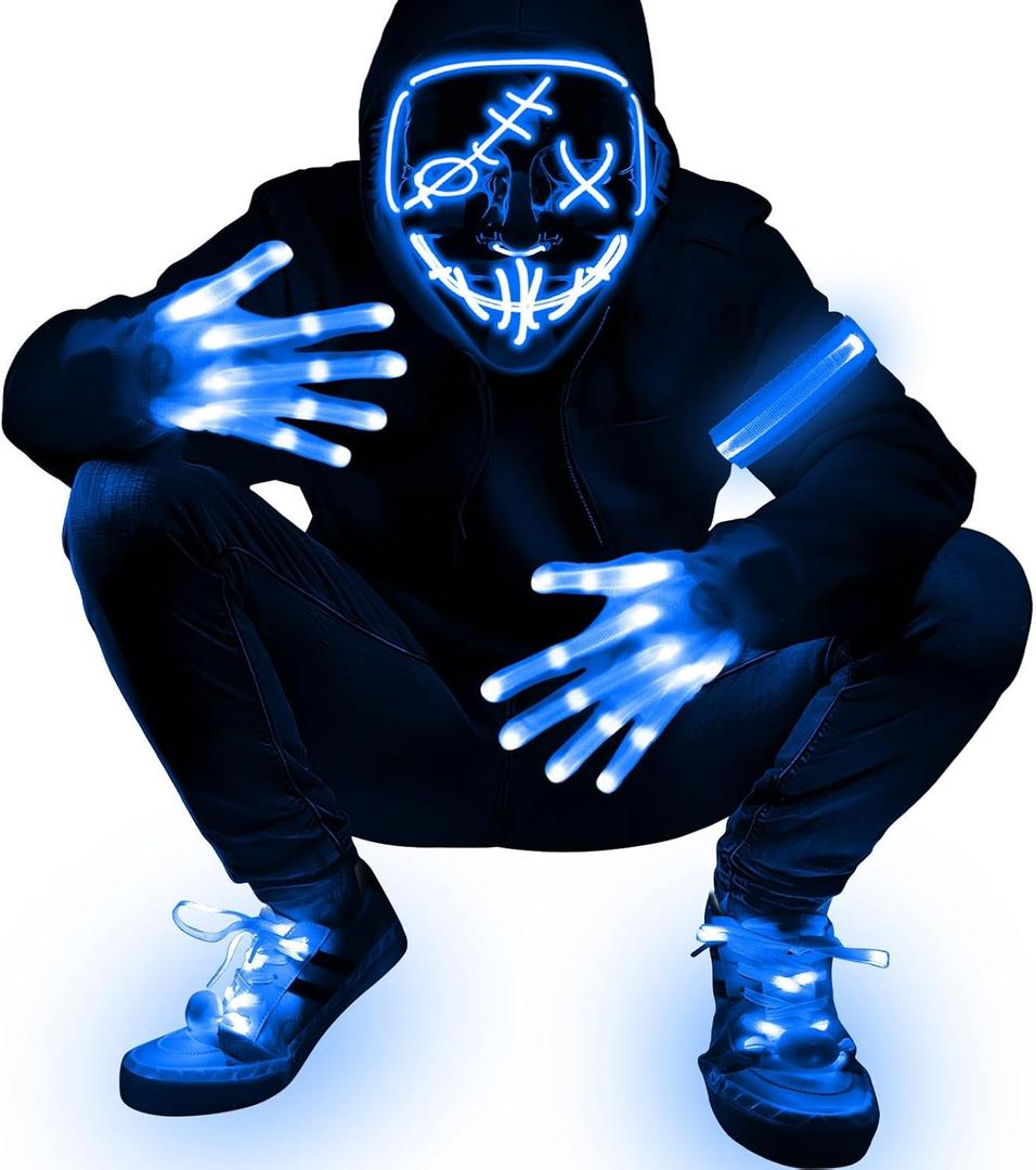 4 Set Halloween LED Mask Light Up Gloves Shoelaces Armbands Light Up Scary Mask Halloween Costume Cosplay Party for Adult (Blue)