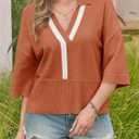 Saodimallsu Womens Short Sleeve Sweater Tops V Neck Collared Oversized Color Block Casual Summer Knit Polo Shirts (M)