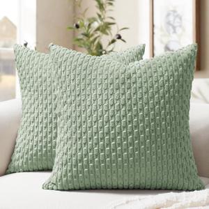 Softalker Throw Pillow Covers 18x18 Inch, Set of 2, Soft Corduroy Boho Stripe Decorative Pillow Cover, Couch Fluffy Pillow Cover for Farmhouse Home Decor Bed Living Room, Sage Green