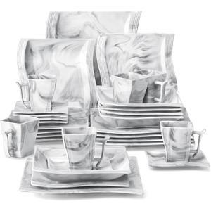 MALACASA Plates and Bowls Sets, 30 Piece Porcelain Dinnerware Sets for 6, Square Dinnerware Set with Dinner Plate, Dessert Plate, Soup Plate, Cup and Saucer, Modern Dish Set, Marble Grey, Series Flora