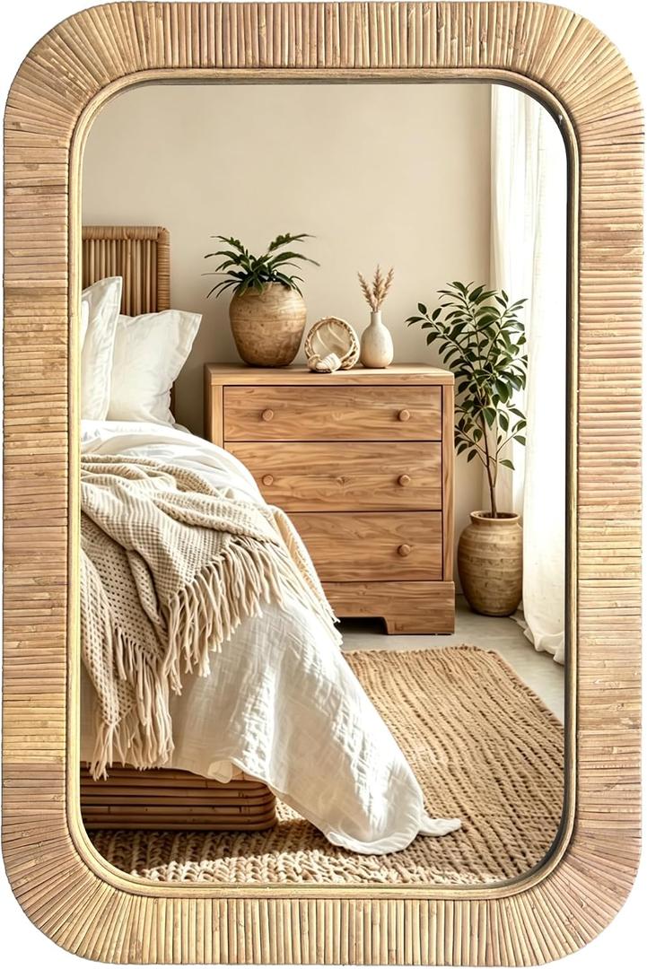 Decorative Rattan Wall Mirror, Boho Bathroom Modern Makeup, Rustic Wall Bohemia Mirrors for Bedroom, Living Room, Vanity Versatile Farmhouse, Nursery, Bathroom (Rectangular 30“x20”, X Small)