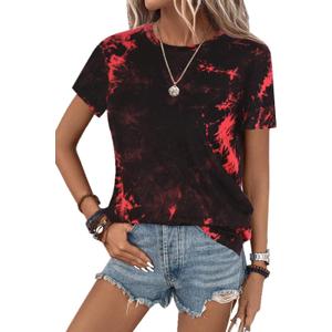 SOFIA'S CHOICE Women's Crewneck Tie Dye Shirts Fitted Short Sleeve Casual Summer Tee Tops Red Black Small 