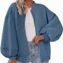 KIRUNDO Oversized Sweatshirt for Women Zip Up Bomber Jacket 2026 Fall Fashion Casual Long Sleeve Outerwear Winter Outfits (Blue, XL)