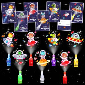 Valentine's Day Gifts for Kids, 24 Pack Valentine's Cards with Animal Astronauts Finger Lights, Valentine Exchange Cards Gift Classroom Prize Party Favors School Rewards