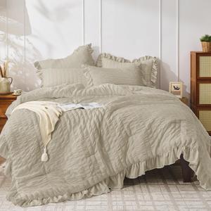 JOLLYVOGUE King Size Comforter Set, 3 Pieces Linen Seersucker Comforters King Size, Lightweight & Fluffy Bedding Sets King for All Season with 1 Ruffle Comforter and 2 Ruffle Pillowshams