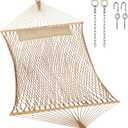 JoyView Traditional Rope Double Hammock - Hand Woven Cotton Hammock with Hardwood Spreader Bar and Pillow 450lb Capacity for Outdoor Indoor Patio Yard - Brown