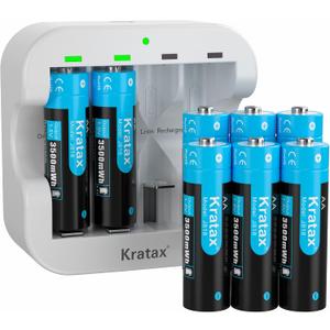 Kratax Rechargeable Lithium AA Batteries 8 Pack 1.5v 3500mWh li-ion Rechargeable Batteries with 2h Battery Charger, 1600 Cycles Long-Lasting, Constant Voltage Output for Game Controller, Electric Toy