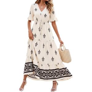 BTFBM Boho Dresses for Women 2026 Summer Spring Casual Floral Short Sleeve V Neck Flowy A-Line Maxi Party Dress Pockets(Floral Apricot Black, Small)