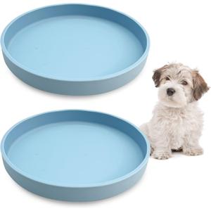VCEPJH 2 Pack Silicone Dog Plates for Food Shallow Pet Bowl Flat Puppy Food Bowl Whisker Fatigue Cat Feeding Bowls Noiseless Dishes for Dry and Wet Food (Round Blue)