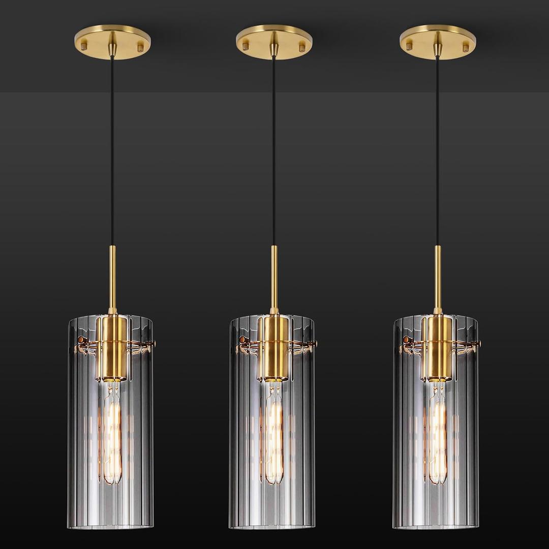 Gold Pendant Light Fixtures, 3 Pack Modern Pendant Lighting with Clear Striped Glass Shade, Hanging Pendant Lights Kitchen Island, Farmhouse Pendant Lighting for Dining Room Bedroom Bathroom
