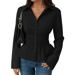 ZESICA Womens 2026 Spring Long Sleeve Blouse Business Dressy Casual Button Down Shirts Peplum Tops Fashion Trendy Clothes (Black, L)