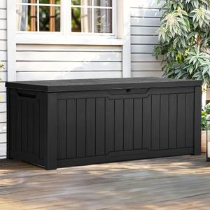YITAHOME Outdoor Storage Box with Cushion, 120 Gallon Waterproof Deck Box for Garden Tools, Patio Cushions, and Pool Accessories, Lockable, Easy Assembly, Versatile Bench or Table (Black)