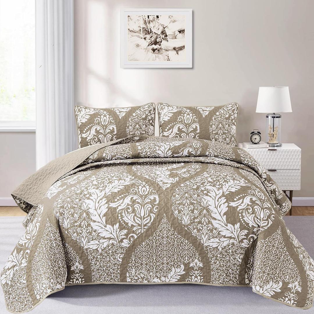 Beige Quilt Set King Size, Boho Damask Tan Bedspread Coverlet Set Soft Lightweight Microfiber Luxury Bedding Set 3 Pieces for All Season (104"x90")