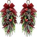 Christmas Teardrop Swag Decorations, Christmas Teardrop Wreath Artificial Bells Pinecones Berries Hanging Decor, Red Checked Bow Swag Decorations for Front Door Mantle Wall Indoor Home Decor