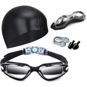 Swim Goggles Swimming Goggles No Leaking with Nose Clip, Earplugs, Swim Cap and Case for Men Women (Black)