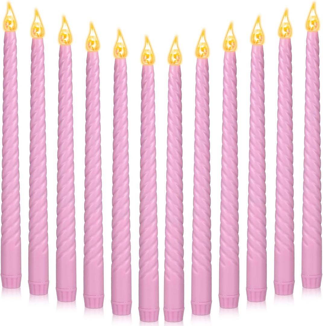 CHENGU 12 Pcs LED Taper Candles Flameless Battery Dripless Dinner Candles for Thanksgiving Day, Weddings, Church, Hanukkah, Christmas, Autumn, New Year Celebration(Pink,Spiral)