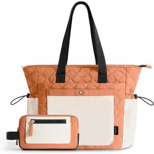 TOPEAST Tote Bag for Women, Lightweight Puffer Tote Bag with Zipper, Work Bags for Nurse Teacher, Travel Puffy Handbag (Beige & Orange-large)