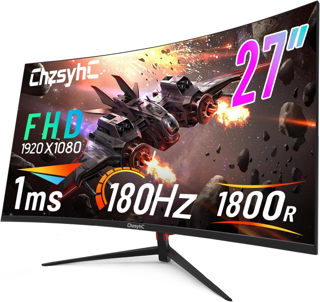 27 Inch Curved 180Hz Gaming Monitor, 1800R Curved Gaming Monitor, 1ms MPRT, FHD(19201080P), Freesync, HDMI2.0,DP1.4, VESA Mountable(DP&HDMI Cable Incl.)