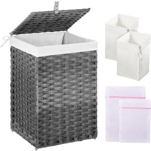 Greenstell Laundry Hamper with Lid, 60L Clothes Hamper with 2 Removable Liner Bags & 2 Mesh Laundry Bags, Handwoven Synthetic Rattan Laundry Basket for Clothes, Toys in Bathroom, Bedroom Grey